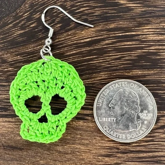 Handmade Crochet Skull Earrings on Hypoallergenic White Gold Plated Hooks - Picture 3 of 6